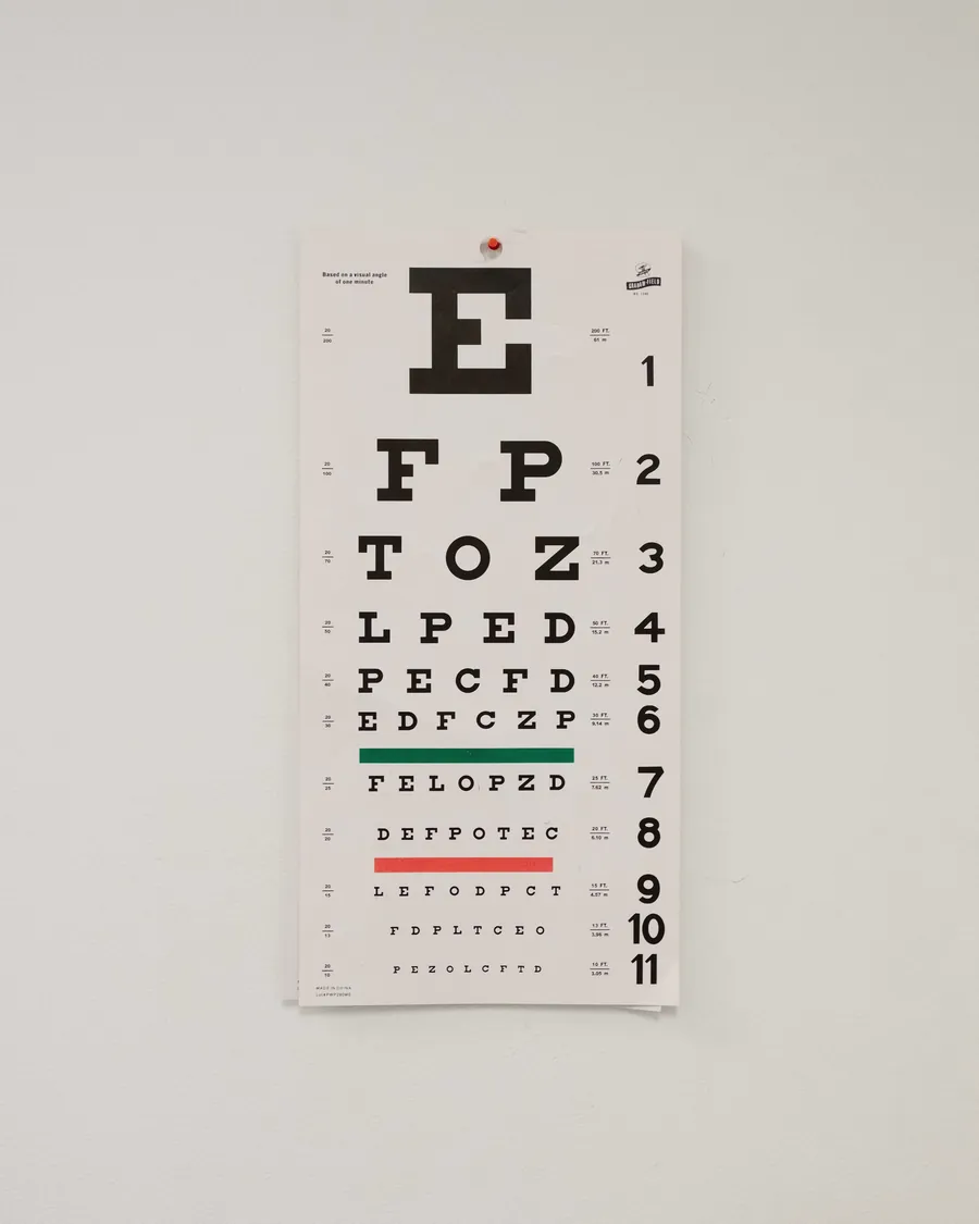 Tabela de letras de acuidade visual, de E grande até letras pequenas